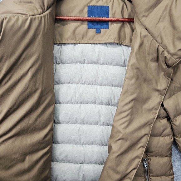 Down Puffer Jacket Womens S Tan Gold COLE HAAN Funnel Neck Asymmetric Prep 20x25 - Picture 10 of 14